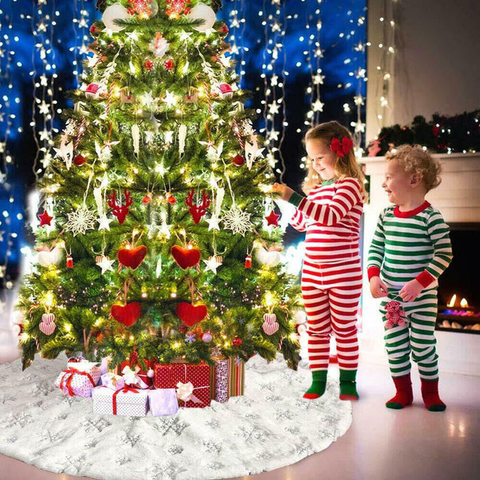 Christmas Tree Skirt Plush Floor Faux Fur Mat Home Xmas Snowflake Cover Ornament - Smart Living Box