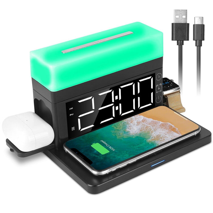3-In-1 15W Fast Wireless Charging Station Dock 7-Color Flashing Alarm Clock Lamp - Smart Living Box